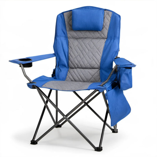 Składany fotel kempingowy z wysokim oparciem, uchwytem na napój i kieszenią, niebiesko-szary, 60 x 60 x 105 cm
