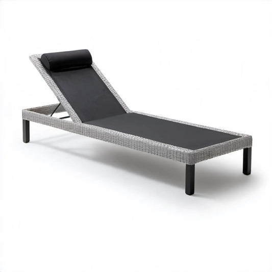 Regulowany leżak ogrodowy z technorattanu PE szary z czarnymi poduszkami 200 x 60 x 31 cm